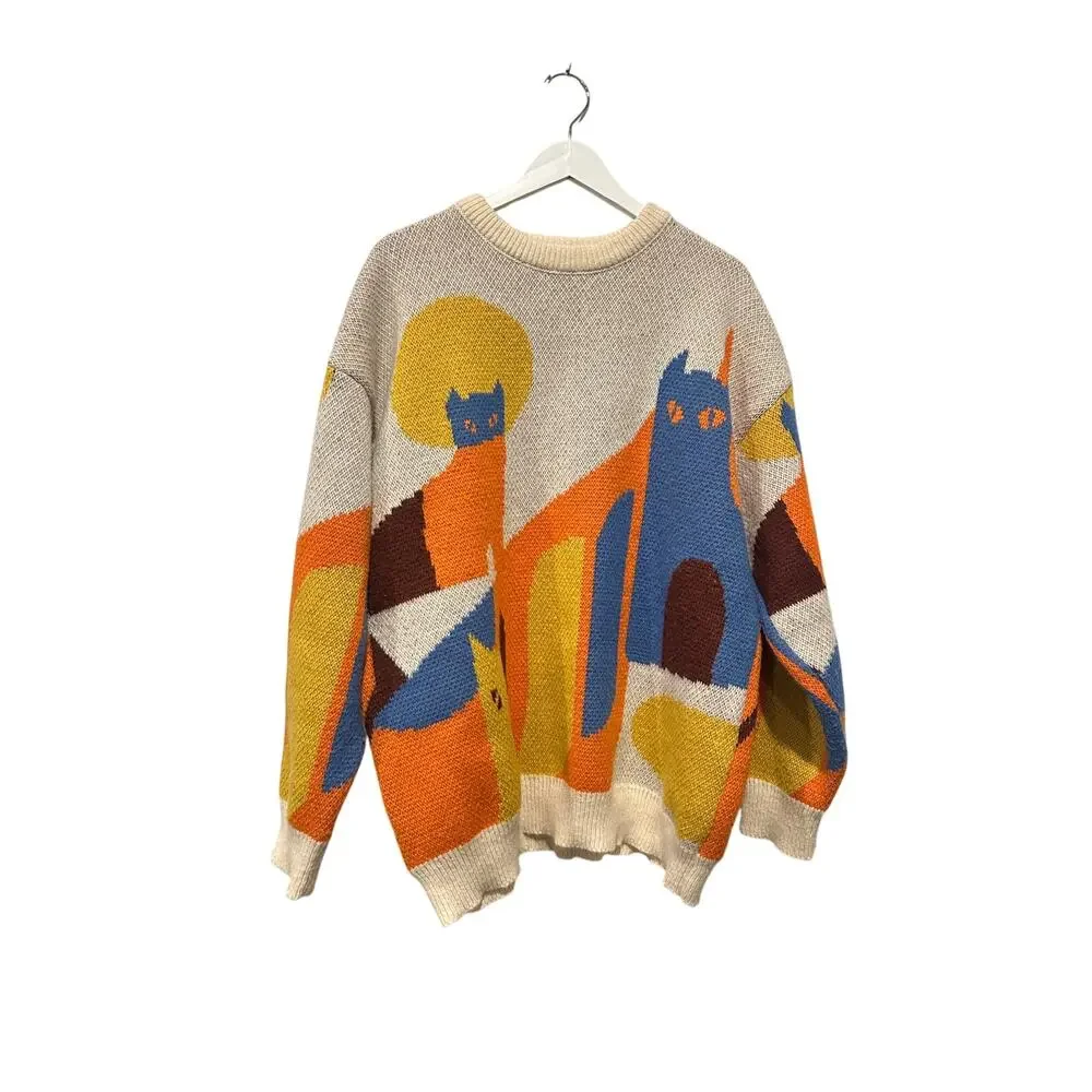 Size XL Cat Sweater Cozy Loungewear Gift Collector Blue Unique Oversized Knit - Picture 1 of 13